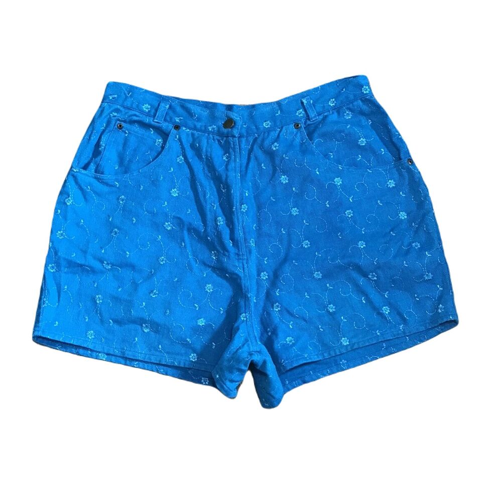 Styles To Go Vintage Floral Denim Shorts ~ Sz 16 ~ Blue ~ High Rise ~ 3" Inseam